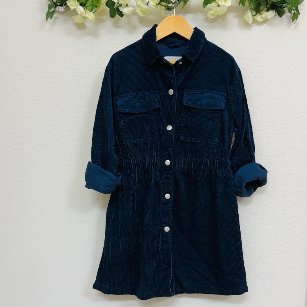 Zara • Navy Soft Corduroy Classic Snap Button Front Elastic Stretch Waist Dress